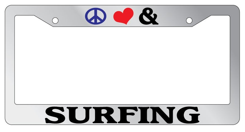 Chrome License Plate Frame Peace Love And Surfing Auto Accessory Novelty  Mod-GRAPH9856236-5405