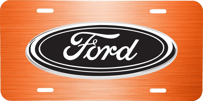 FORD LOGO ORANGE BRUSHED STEEL LOOK VEHICLE LICENSE PLATE CAR TRUCK TAG .040 GA