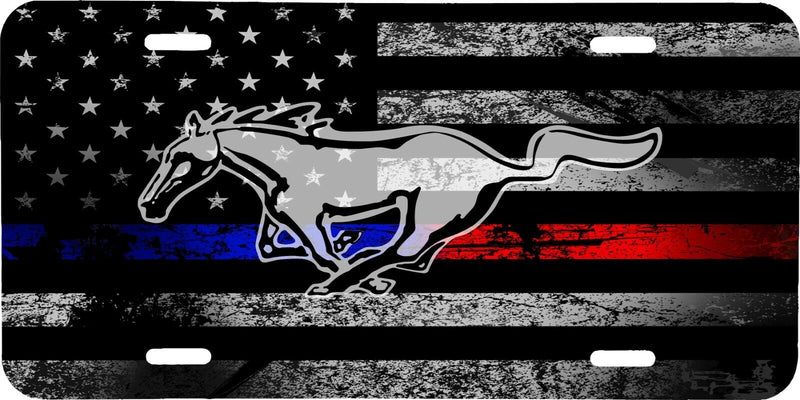 THIN BLUE RED FLAG AMERICAN FLAG MUSTANG LOGO VEHICLE LICENSE PLATE FRONT TAG