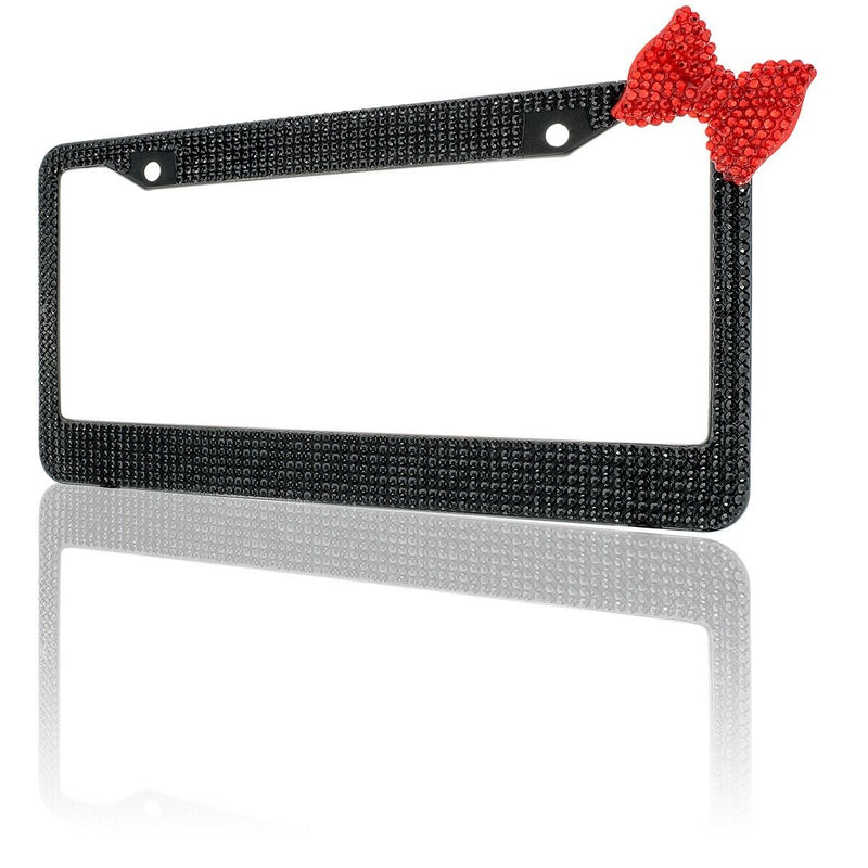 Black 7 Rows Bling Diamond Crystal License Plate Frame With Corner Red Bow Tie
