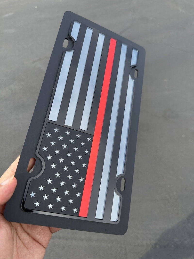 Premium License Plate American Flag w/ Thin Red Line Black Mirror Acrylic