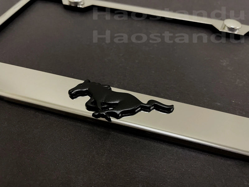 1x (Black) HORSE PONY 3D Emblem STAINLESS STEEL License Plate Frame Holder