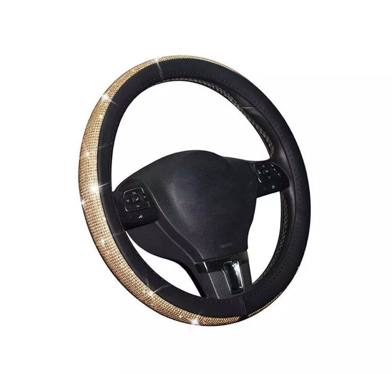 Car Steering Wheel PU Leather Non Slip Golden Crystal Sparkled Diamond Cover
