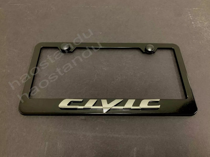 1x For CIVIC 3D Emblem BLACK Stainless License Plate Frame RUST FREE + Screw Cap