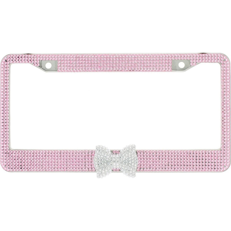 Pink 7 Rows Bling Diamond Crystal License Plate Frame With Clear Bow Tie