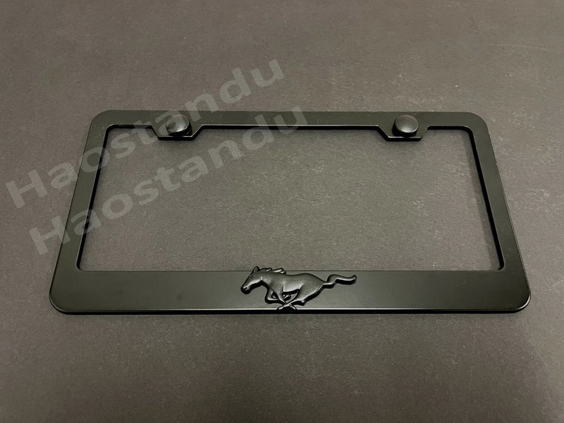 1x (Black) PONY 3D Emblem BLACK Stainless License Plate Frame