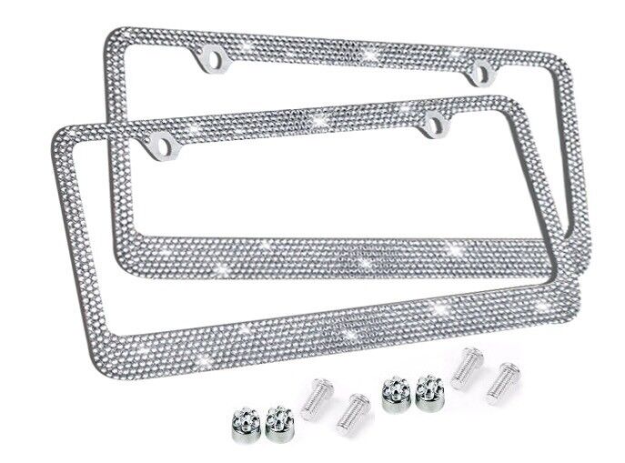 Metal License Plate Frame Bling RhineStone Chrome Crystal Diamond Glitter 2pc