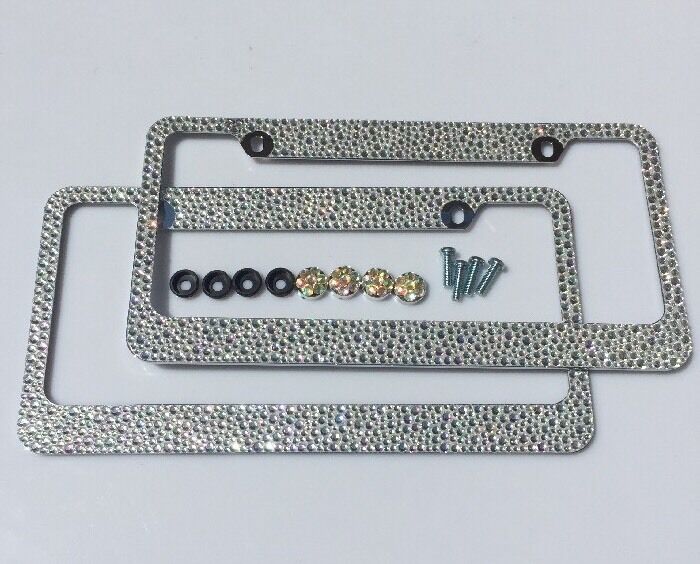 2 CLEAR AB MIX BLING 3000 RHINESTONES CRYSTALS LICENSE PLATE FRAME w/ SCREW CAPS