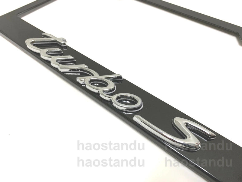 1x "TURBO S" 3D Emblem BLACK Stainless License Plate Frame RUST FREE + Screw Cap