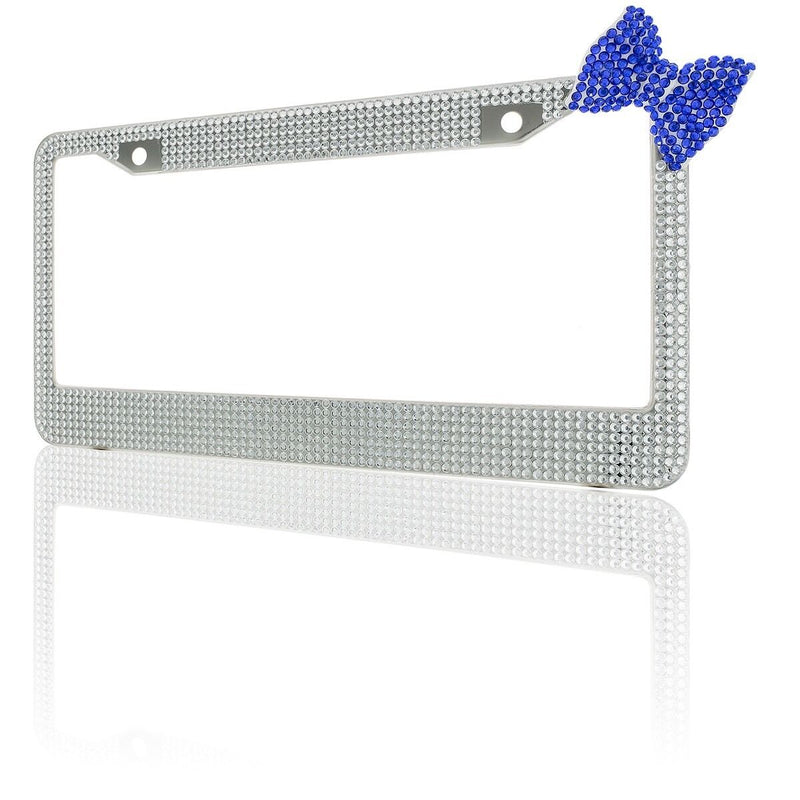 Clear 7 Rows Bling Diamond Crystal License Plate Frame With Corner Blue Bow Tie