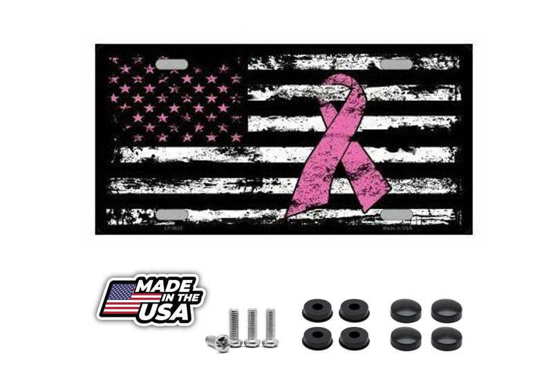 Vintage American Flag Pink Ribbon Breast Cancer Awareness Novelty License Plate