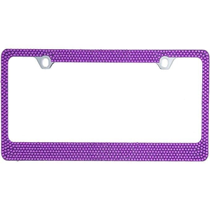 Bling Purple Crystal Diamond METAL License Plate Frame+Cap+Screw