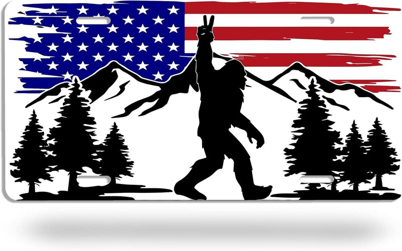 Sasquatch American Flag License Plate - Patriotic Bigfoot Car Tag
