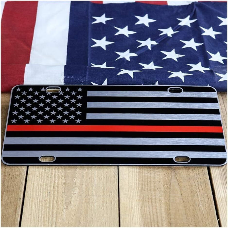 Thin Red Line American Flag License Plate Matte Black on Brushed Alum 1/8" HD