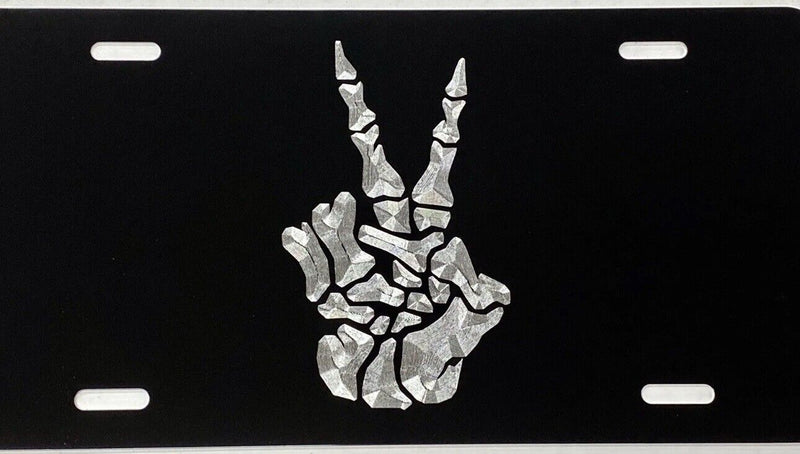 Skeleton Peace Sign Car Tag Engraved Diamond Etched Black Metal License Plate