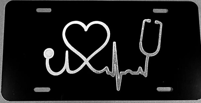 Nurse Heartbeat Car Tag Engraved Etched on Black Aluminum License Plate GIFT