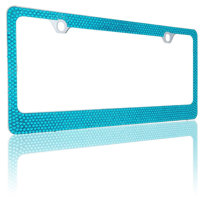 7 Rows Bling Light Blue Crystal Rhinestone METAL License Plate Frame+Caps