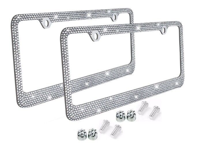Metal License Plate Frame Bling RhineStone Chrome Crystal Diamond Glitter 2pc -D