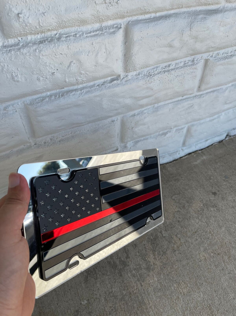 Blacked Out USA Flag Mirror Acrylic License Plate- Thin RED Line Fire, Ems