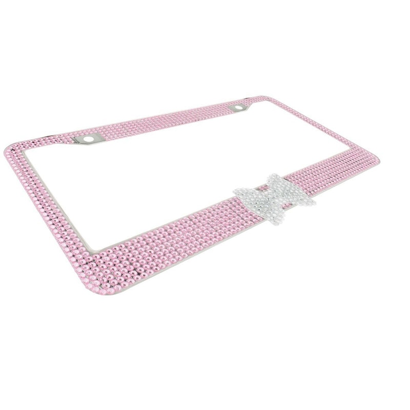 Pink 7 Rows Bling Diamond Crystal License Plate Frame With Clear Bow Tie