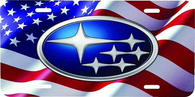 SUBARU LOGO WITH WAVING USA FLAG VEHICLE LICENSE PLATE AUTO CAR FRONT TAG