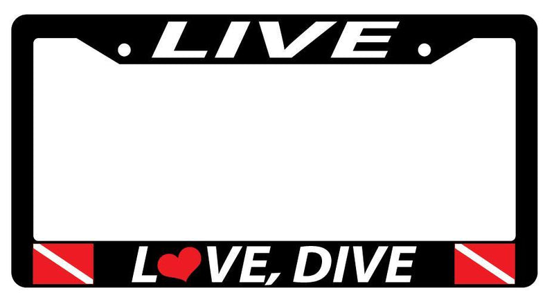 Black License Plate Frame LIVE LOVE, DIVE w/FLAGS Auto Accessory  Mod-GRAPH9856236-1111