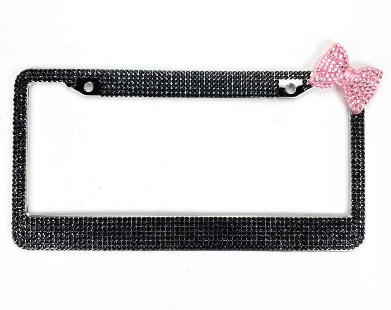 Pink Bow Tie Bling Diamond Crystal Black License Plate Frame For Front/Rear