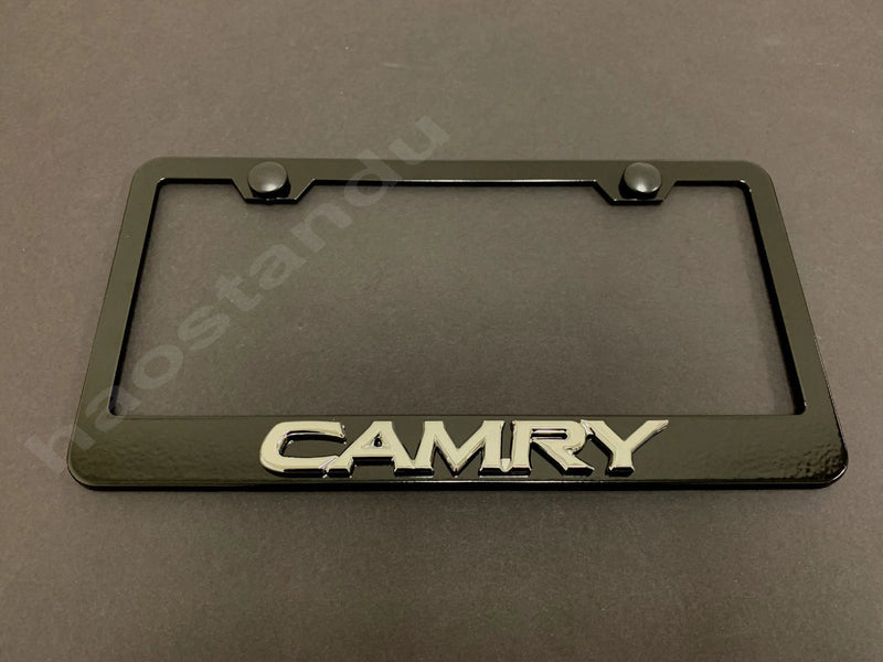 1x  CAMRY style 3D Emblem BLACK Stainless License Plate Frame RUST FREE + S.Cap