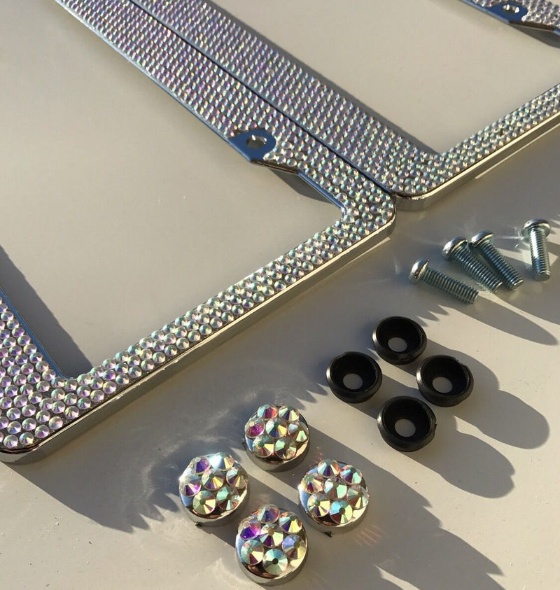 Pair Prism Effect Silver Bling Crystal RhineStone License Plate Frame Car Truck