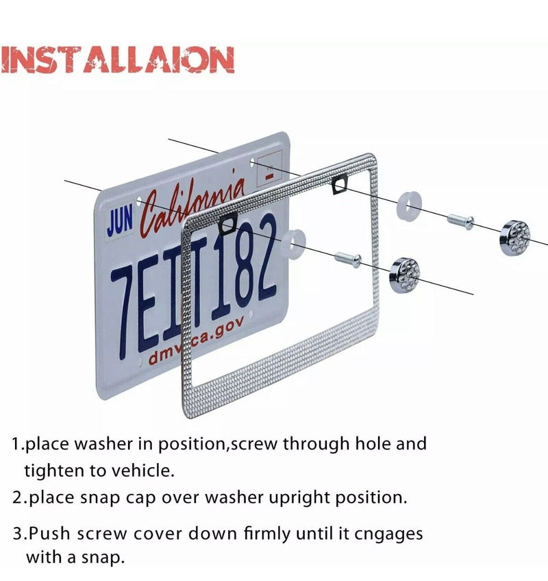 2 LUXURY Made with CLEAR SWAROVSKI CRYSTAL Metal License Plate Frame Cap BLING