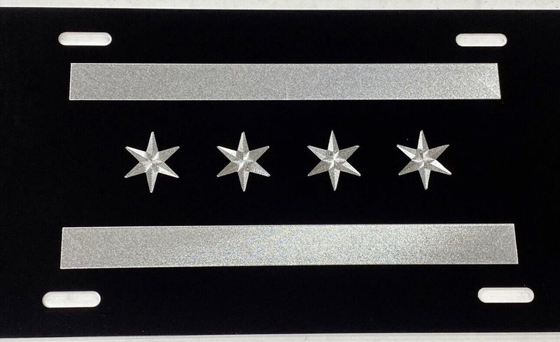 Engraved Chicago Flag Car Tag Diamond Etched Aluminum Metal Black License Plate