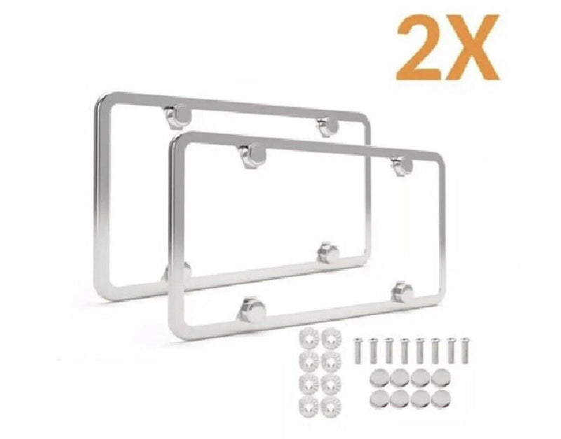 2Pcs Chrome Stainless Steel Metal License Plate Frame Cover With Screw Caps v2
