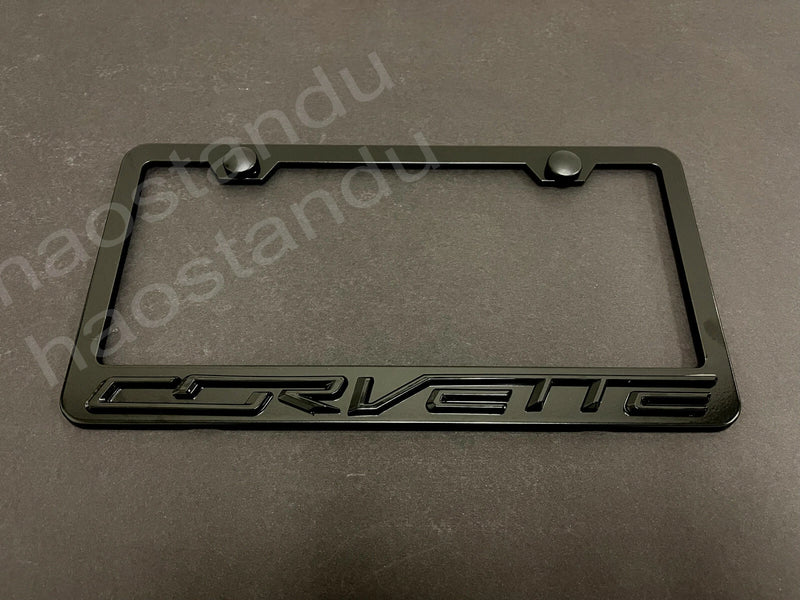 1x Black Corvette 3D Emblem Badge BLACK Stainless License Plate Frame RUST FREE