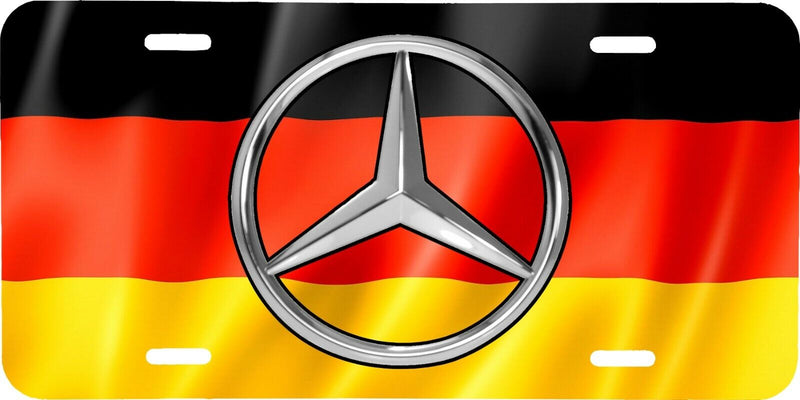 MERCEDES LOGO WAVING GERMAN FLAG LOOK VEHICLE LICENSE PLATE AUTO CAR FRONT TAG