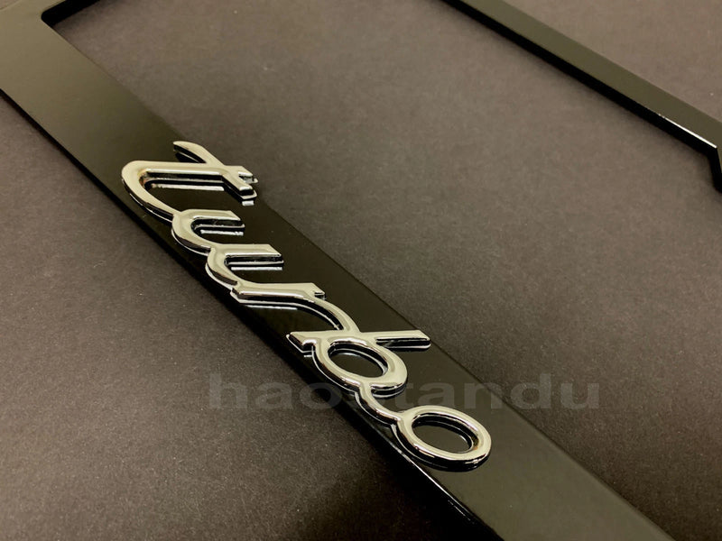 1x TURBO 3D Emblem BLACK Stainless License Plate Frame RUST FREE + Screw Cap