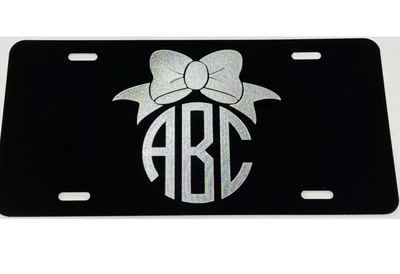 Circle Monogram Bow Diamond Etched Engraved License Plate Car Tag Great Gift