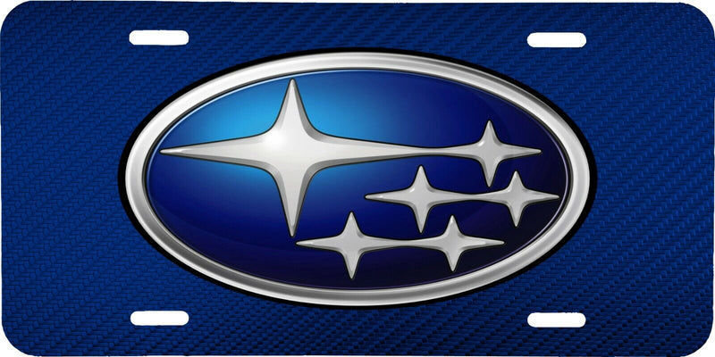 SUBARU LOGO BLUE CARBON FIBER LOOK VEHICLE LICENSE PLATE AUTO CAR FRONT TAG