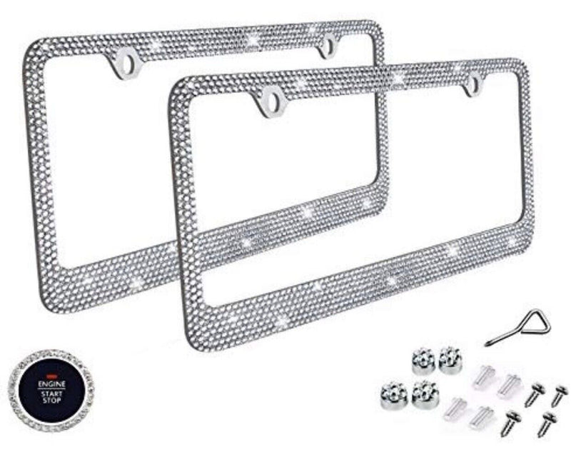 2 Silver Metal Diamond Bling Glitter License Plate Frame Cover Crystal RhineSton