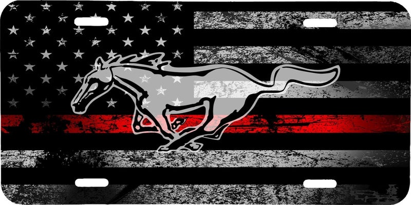 THIN RED FLAG AMERICAN FLAG MUSTANG LOGO VEHICLE FIRE LICENSE PLATE FRONT TAG