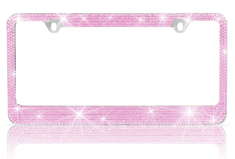 2X Stainless-Steel Metal Pink Crystal Bling License Plate Frame Universal Fit