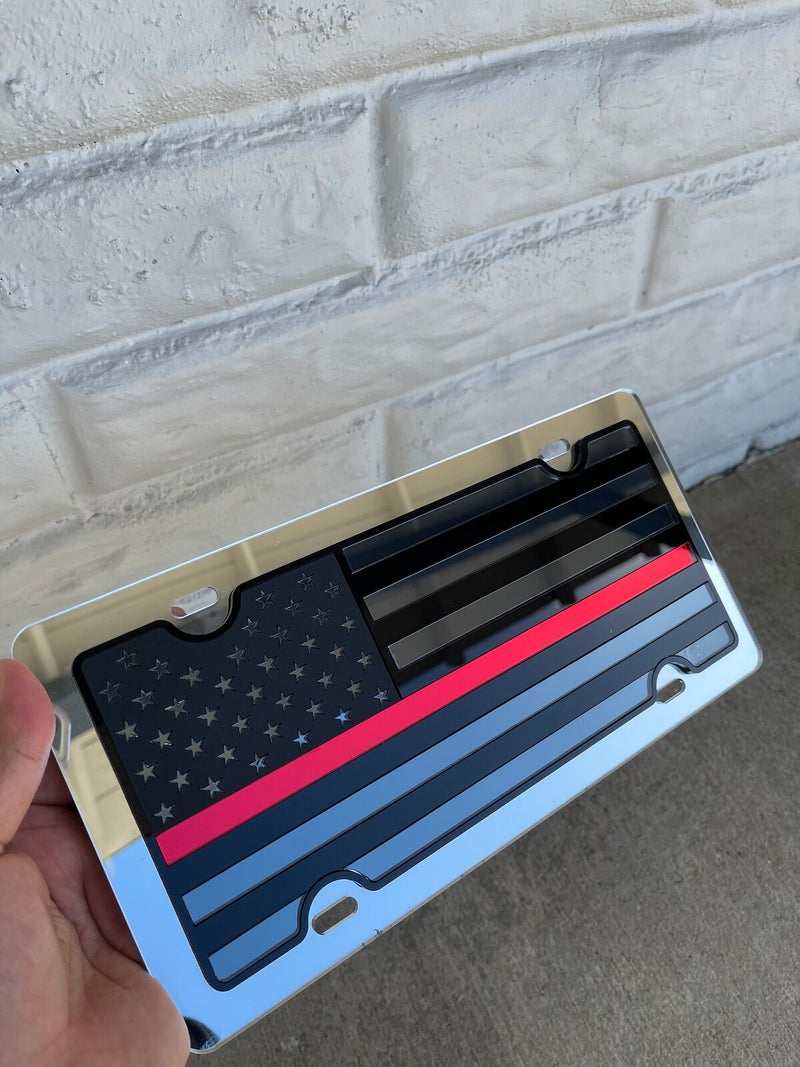 Blacked Out USA Flag Mirror Acrylic License Plate- Thin RED Line Fire, Ems
