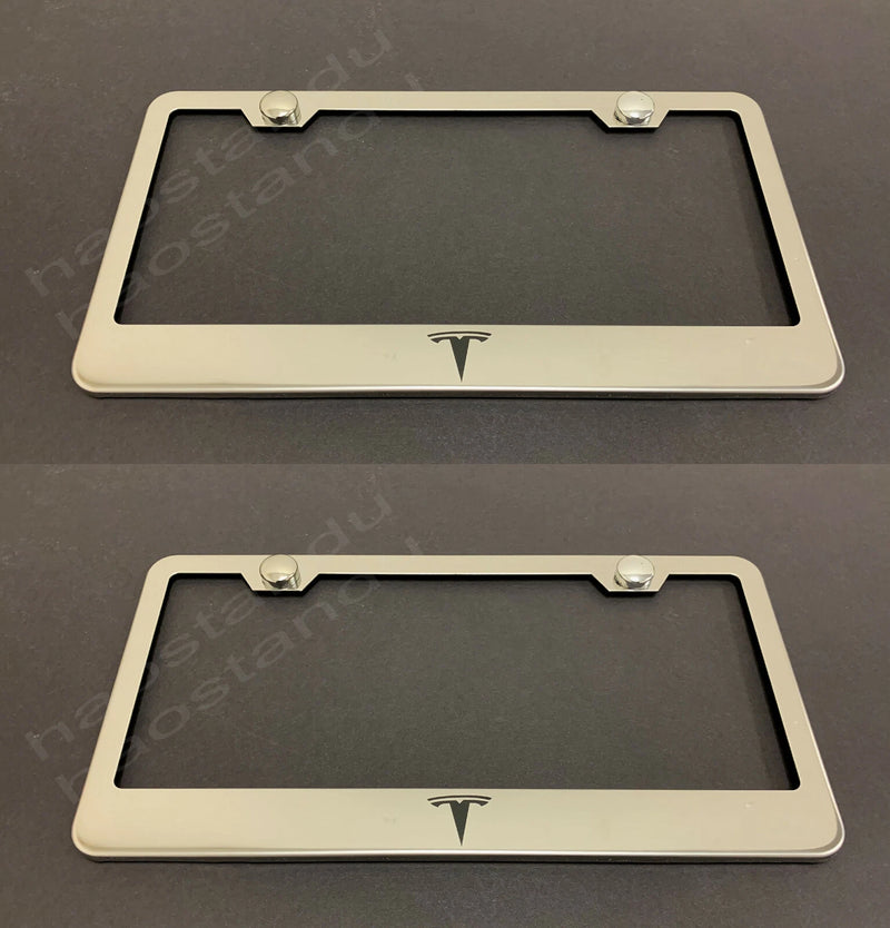 2x Tesla LOGO STAINLESS Chrome License Plate Frame w/screw Caps
