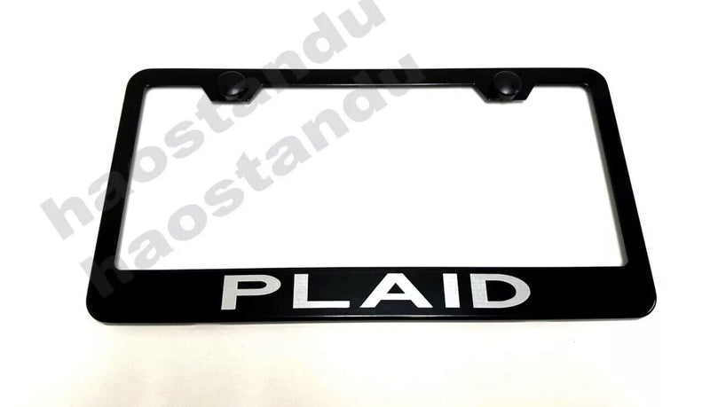 1x Plaid BLACK Stainless Metal License Plate Frame + Screw Caps