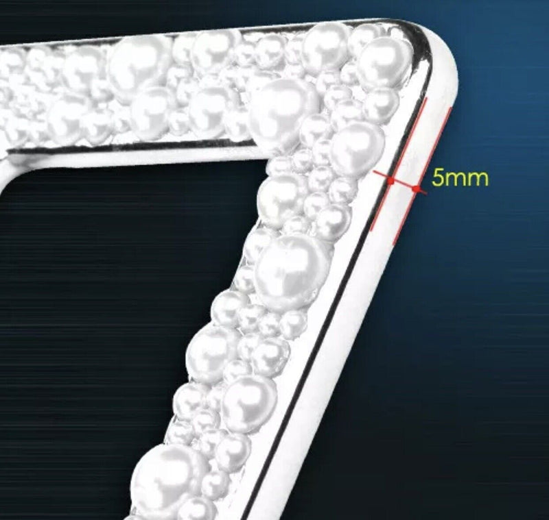 Rhinestone Diamond White PEARLS Over Chrome Metal License Plate Frame for CAR