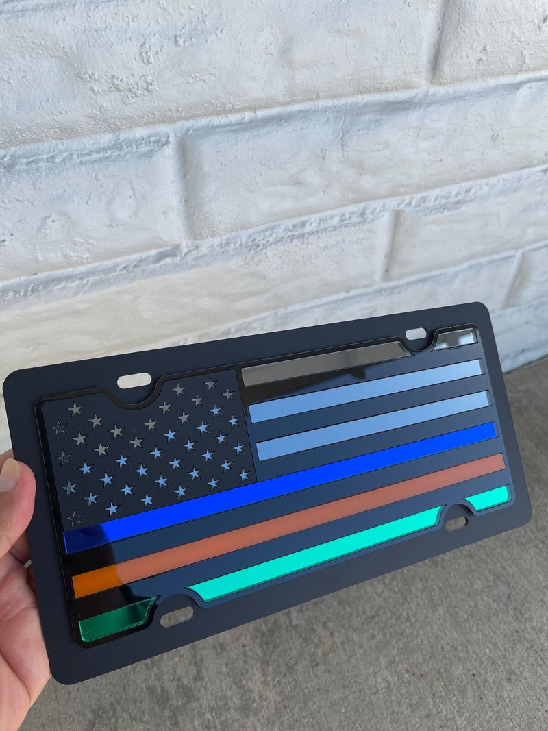 Thin Lines License Plate- Blue, Orange and Green Bars on Blacked Out USA Flag