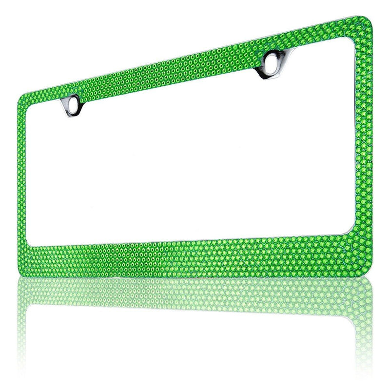Green Crystal AB Rhinestone License Plate Frame+Cap-AA