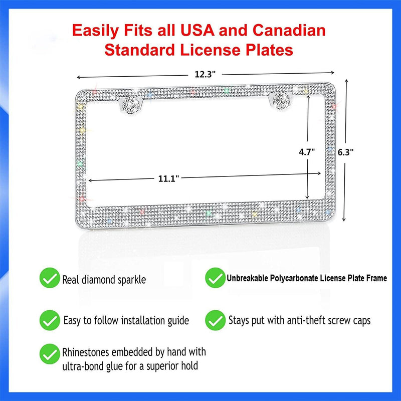 2pcs White Diamond Bling Glitter Crystal RhineStone License Plate Frame Car Thin