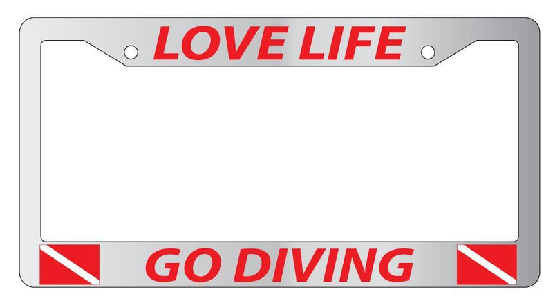 Chrome License Plate Frame LOVE LIFE GO DIVING(RED) w/FLAGS Auto Accessory  Mod-GRAPH9856236-4365