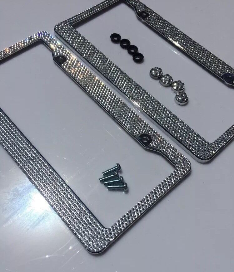 2pc Silver Diamond Bling Rhinestone Metal License Plate Frame Cover For Any Car