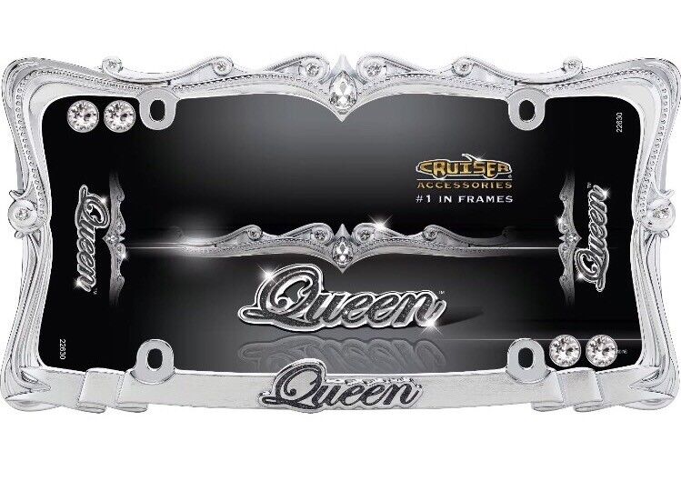 Queen License Plate Frame - Chrome with Clear Bling Crystals - wi. Diamond Caps!